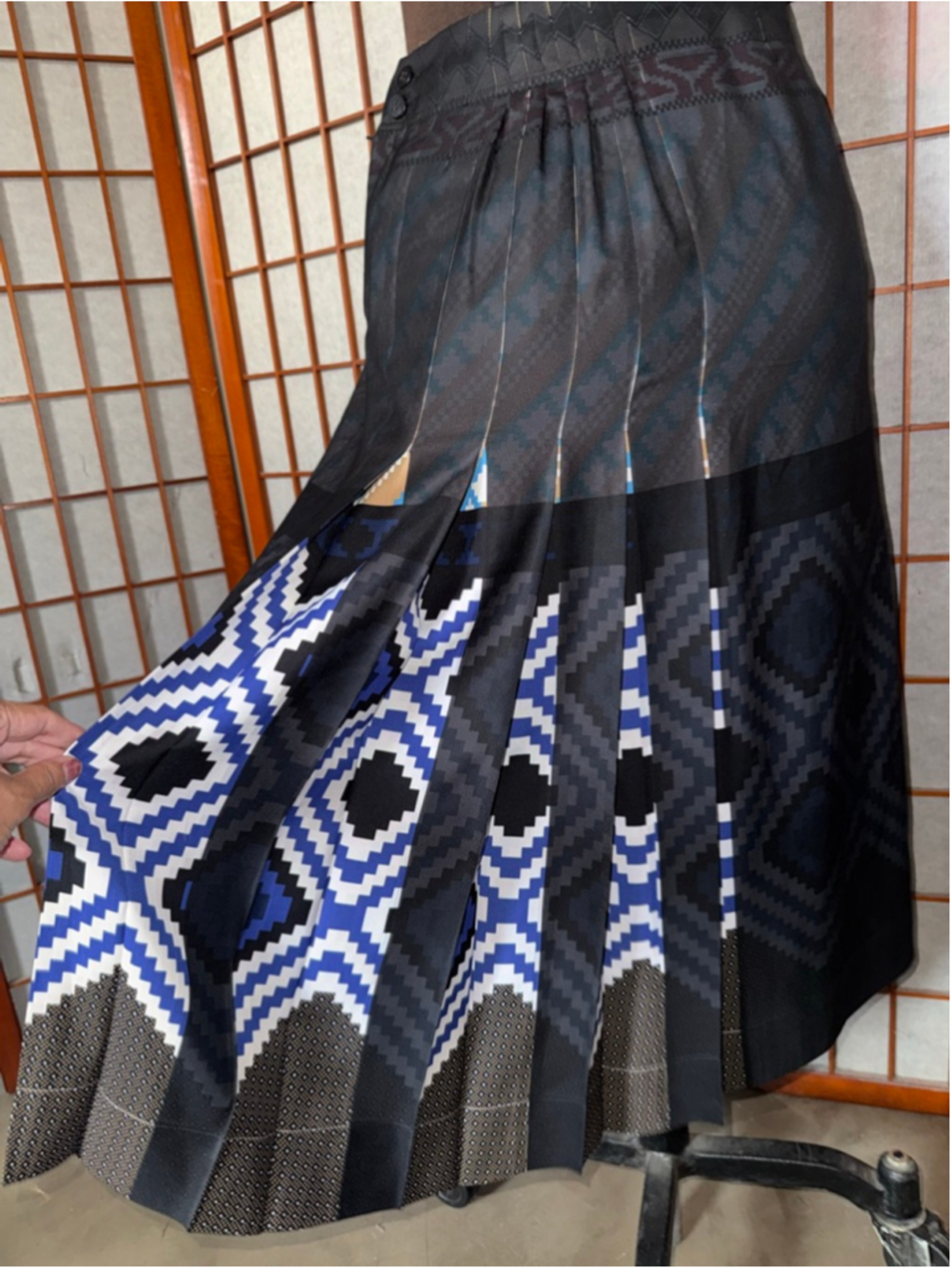 Women's ISSEY MIYAKE Pleats Please Black and Blue Geometric Pleated Midi Skirt